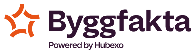 Logo, oransje ikon og svart font. Byggfakta powered by Hubexo