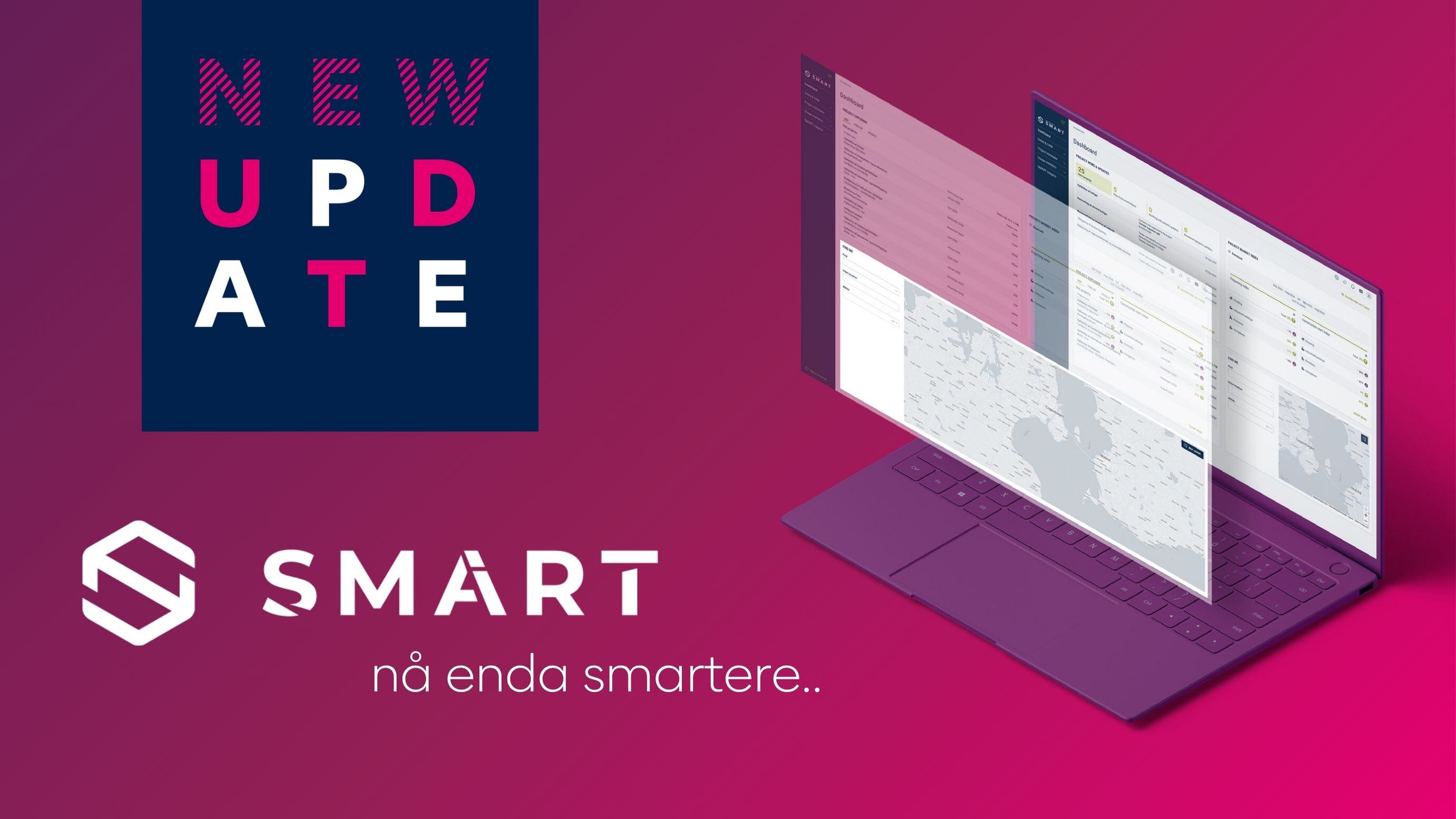 Skjermbilde av det nye dashboardet i Byggfaktas prosjektdatabase SMART, med en tydelig banner som viser teksten 'New Update'. Oppdateringen fremhever forbedrede funksjoner som gjør SMART enda smartere og gir brukerne bedre innsikt og verktøy for prosjektledelse.